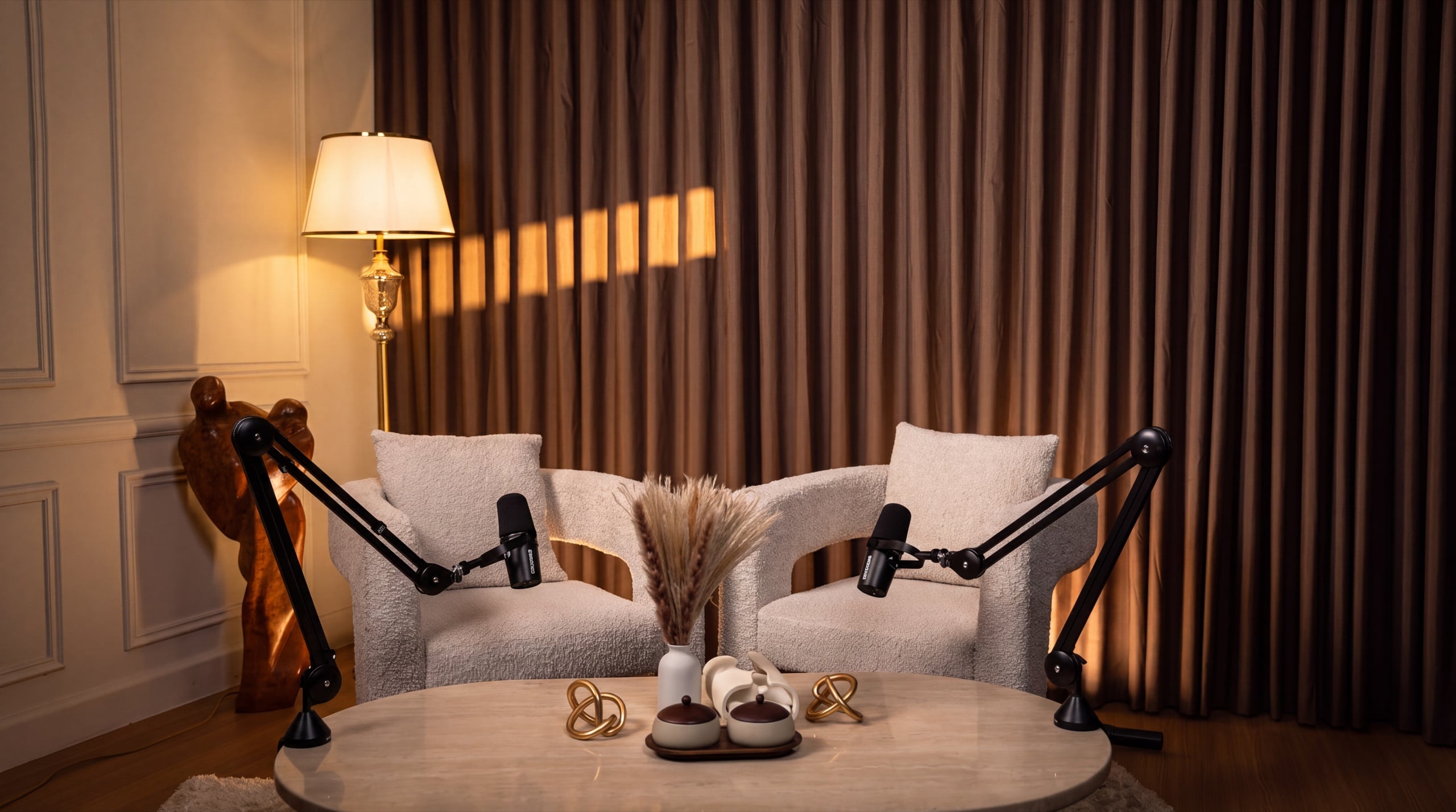 Duo interview podcast set with two warm lounge armchairs and boom microphones — Podflix Studio Dubai