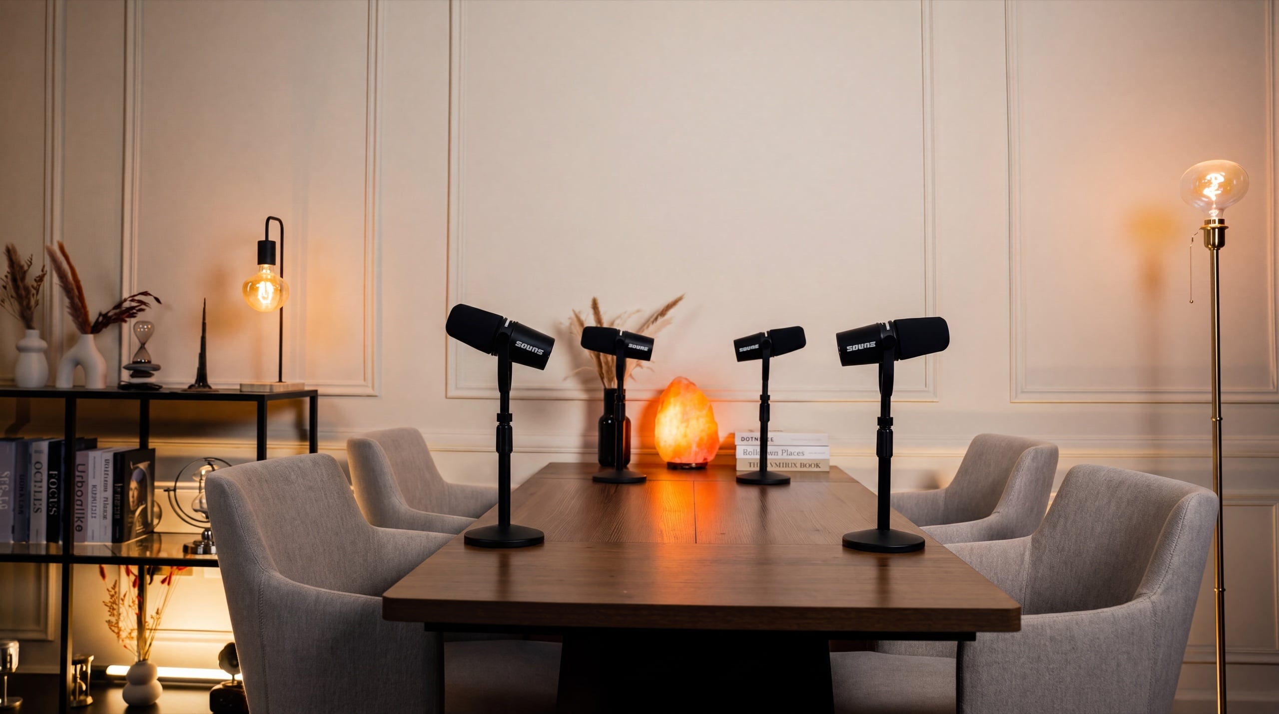 Four-person panel podcast set around the studio table — Podflix Studio, Business Bay Dubai