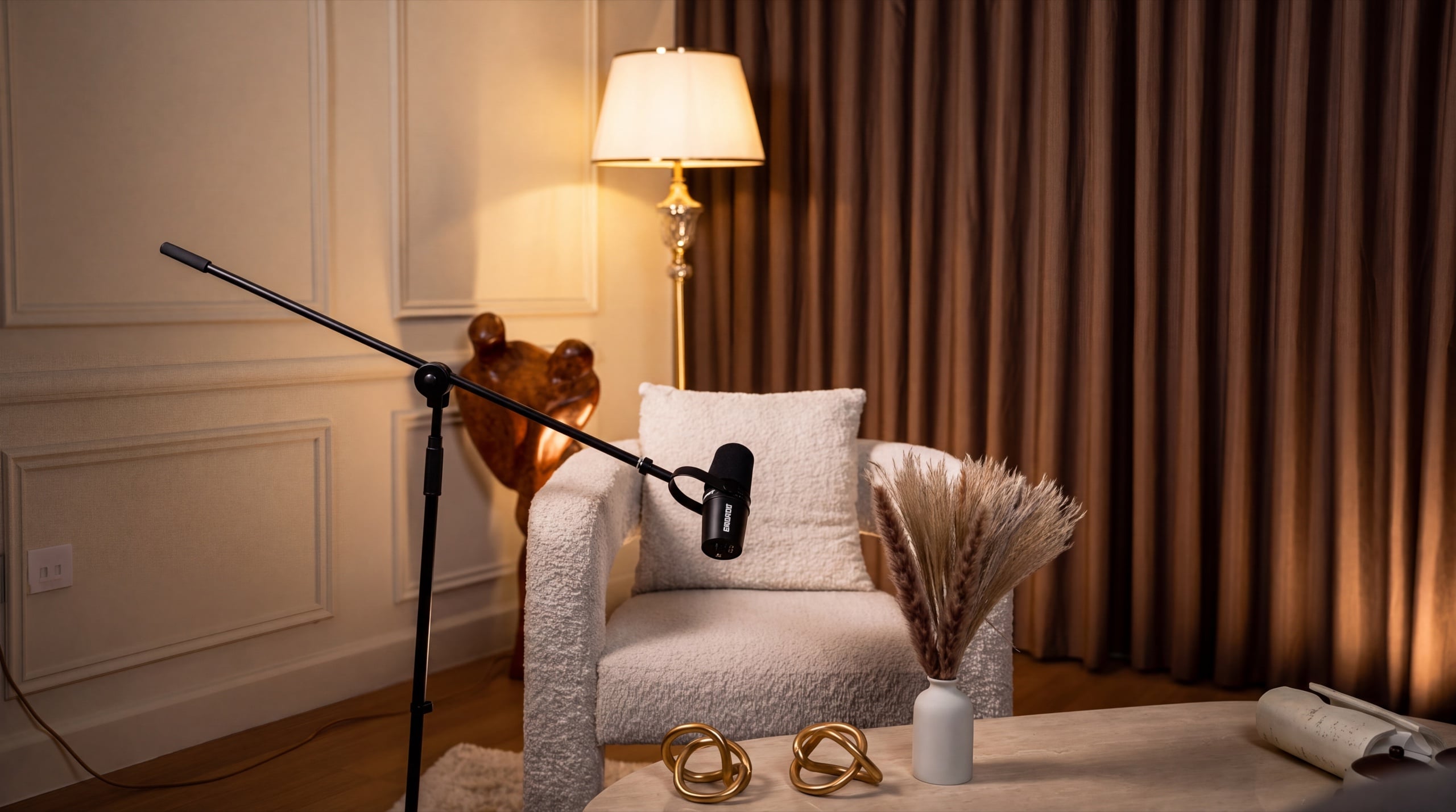 Solo lounge podcast set with boom microphone and floor lamp — Podflix Studio, Business Bay Dubai